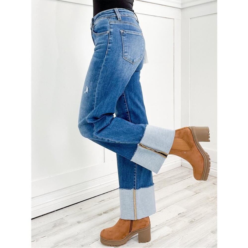 RISEN High Rise, Wide Leg Cuffed Raw Edge Jeans